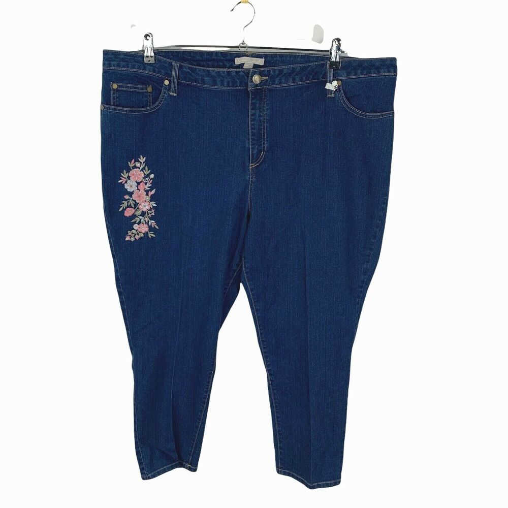 Woman Within Womans Sz 24W Plus Skinny Jeans Blue‎ Denim Floral Crop